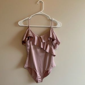 Pink satin off-the-shoulder bodysuit